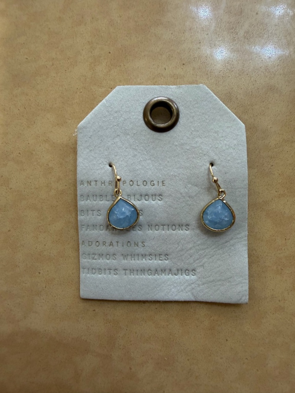 Anthropologie Gold Teardrop Earrings with Light Blue Stones
